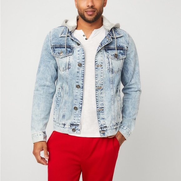 New Guess Blue Denim Jacket with Gray Hood